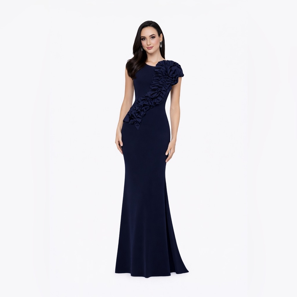 Betsy & Adam Navy 3D Floral Ruffle Evening Gown Size 16 NWT Black Tie GALA MOB